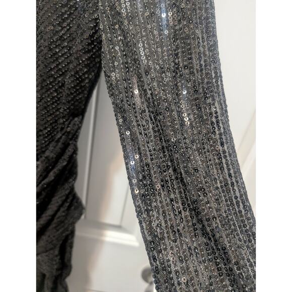 NEW! CBR SEQUIN BLACK DRAPPED MID DRESS V NECK LONG SLEEVE PARTY DRESS SIZE S - Picture 3 of 11